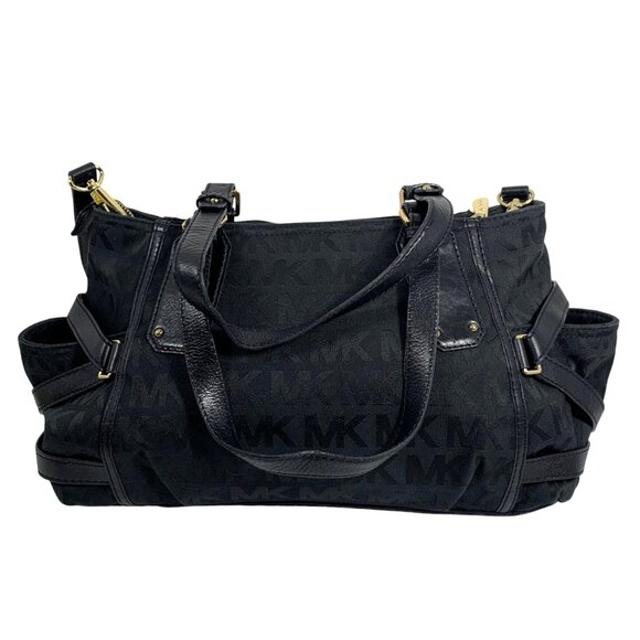 Michael Kors Black Canvas/Leather Gansevoort Shoulder Handbag + Gold Hardware - Picture 6 of 16